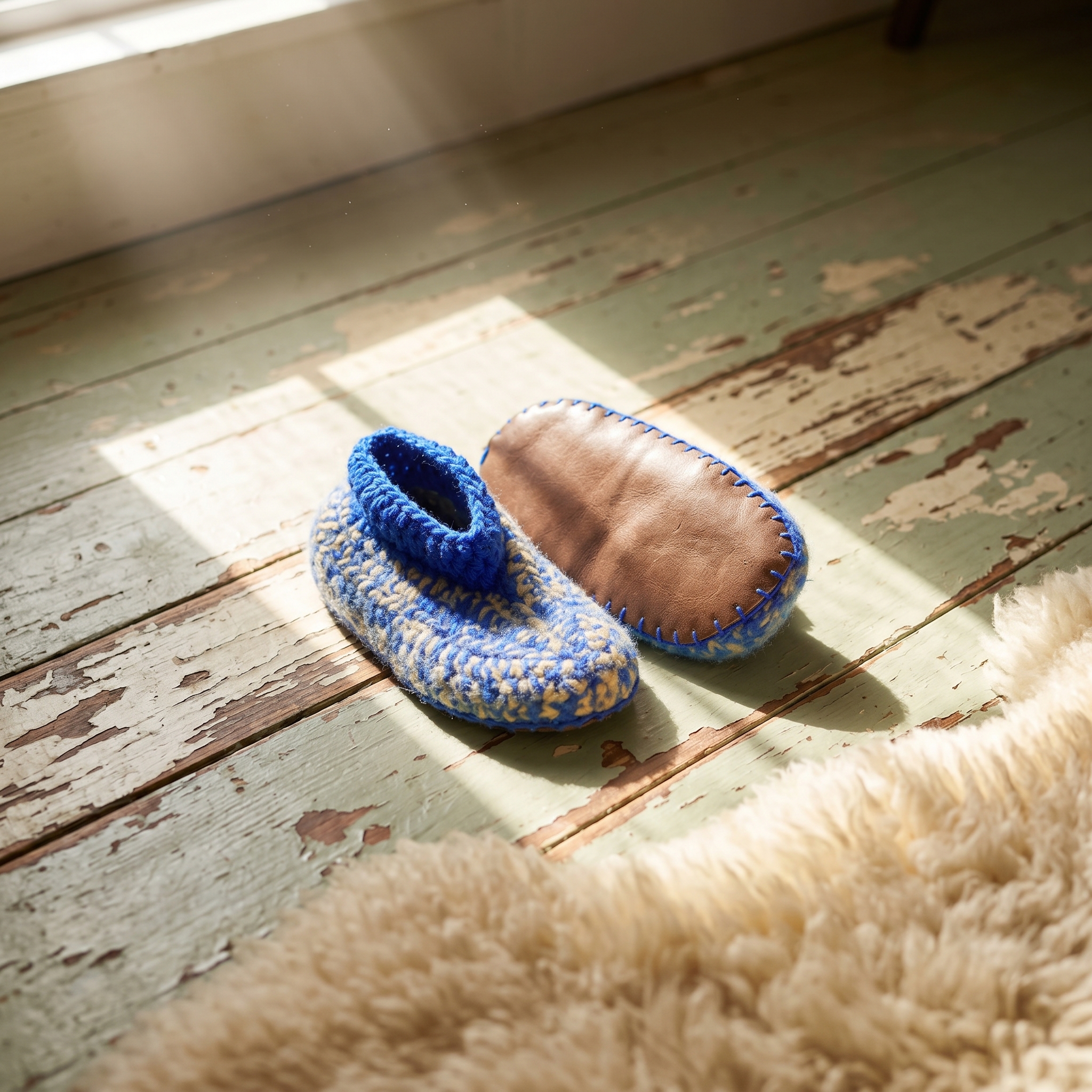 Pantufa Infantil de Crochê em Lã - Azul e Amarelo com Solado de Couro - Imagem 2