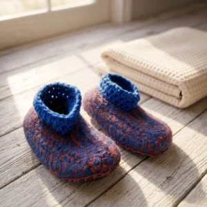 Pantufa Infantil de Crochê em Lã - Vinho e Azul com Solado de Couro