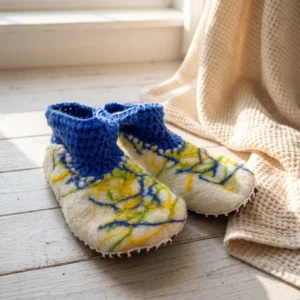Pantufa de Lã com Feltragem Molhada e Crochê - Design Abstrato