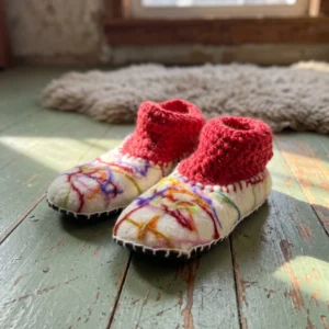 Pantufa Infantil de Lã com Feltragem Molhada e Crochê - Branca Multicolorida